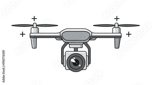 Cartoon-style illustration of a modern white quadcopter drone equipped with a large camera lens for professional aerial photography.