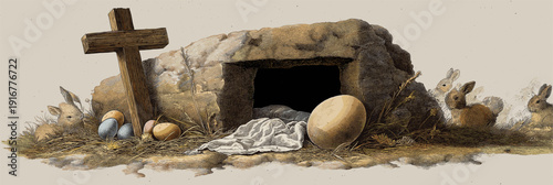 Empty tomb with cross and easter bunnies celebrating resurrection. Easter greeting card. Empty cave, stone rolled away, with cross, bunnies and colorful Easter eggs