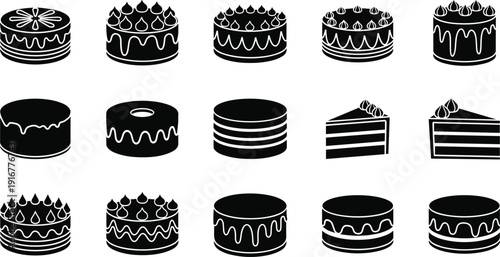Black vector silhouette set of various gourmet cakes including whole round desserts and slices for bakery branding birthday celebrations pastry shops and catering services