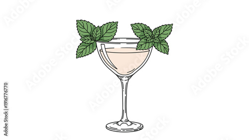 Hand-drawn illustration of a classic cocktail in a coupe glass garnished with fresh green mint leaves on a clean white background.