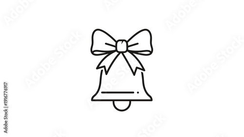 Minimalist line art icon of a classic bell decorated with a simple bow at the top, suitable for holiday or notification-themed designs.