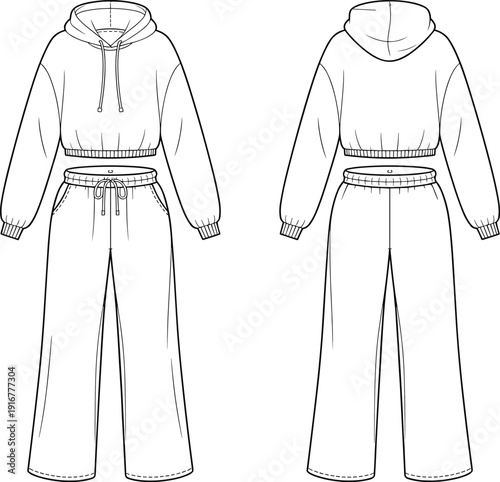 Technical fashion sketch of women two piece tracksuit set featuring cropped hoodie and wide leg joggers isolated on white for apparel design and production