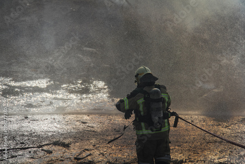 Wallpaper Mural Fire fighting and extinguishing operations with diffuser and water hose Torontodigital.ca