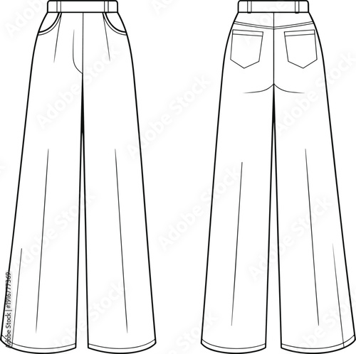 Technical fashion sketch of women high waisted wide leg trousers with front pockets and back pockets isolated on white for apparel design and production.