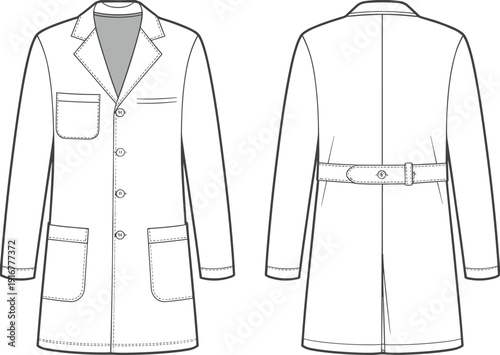 Technical fashion sketch of a unisex professional lab coat featuring front buttons multiple pockets and back belt isolated on white for medical uniform design