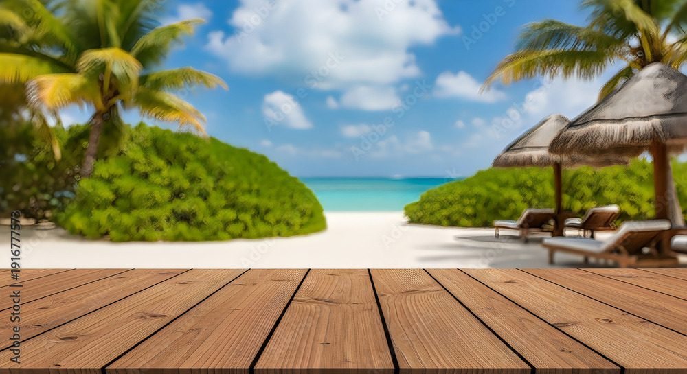 Fototapeta premium A serene beach scene with a wooden deck and palm trees