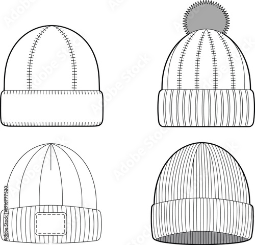 Technical fashion sketch set of knitted beanie hats with pompom and patch details isolated on white background for apparel design and clothing manufacturing.