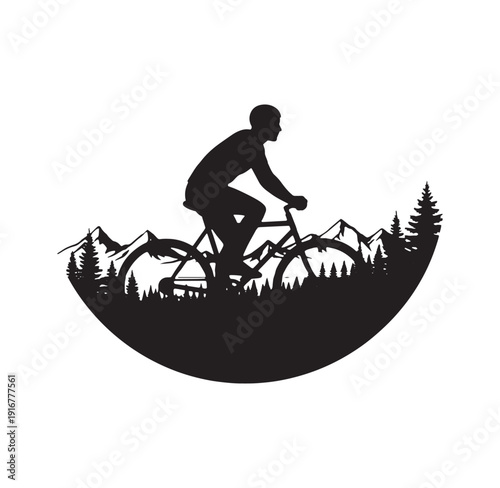 man riding bicycle on mountain trail with trees and mountains in background  outdoor adventure