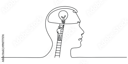 Continuous line drawing of a person climbing a ladder inside a head to reach a lightbulb