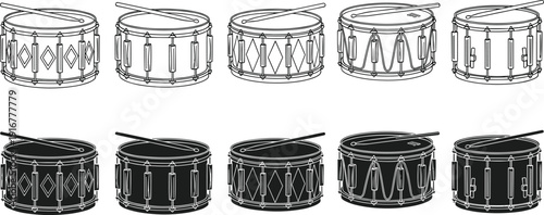 Vector line art and black silhouette set of various snare drums with drumsticks for music education marching band percussion performance and musical branding design