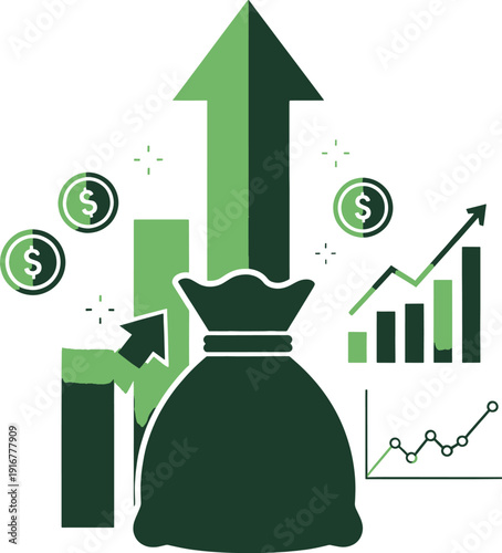 Colorful 3D business graph with upward arrow and coins on white background