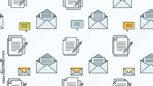 Seamless pattern of various communication icons like envelopes, written letters, and speech bubbles for digital messaging concepts.