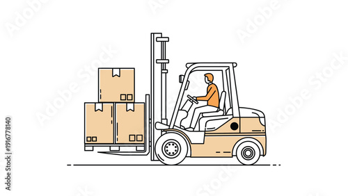 Flat vector illustration of a worker operating a forklift truck to transport stacked cardboard boxes in a warehouse or factory setting.