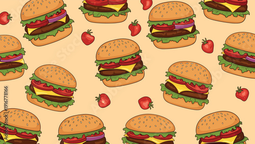 Fun and colorful seamless pattern of delicious cheeseburgers and fresh red strawberries over a warm cream colored background.