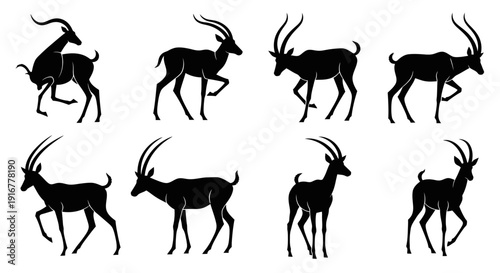 Multiple antelope silhouettes in various running poses, showcasing dynamic movement and wildlife elegance in a vector illustration