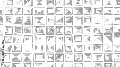 Artistic pattern of hand drawn black square spirals on a plain white background provides a minimalist and repetitive geometric design.