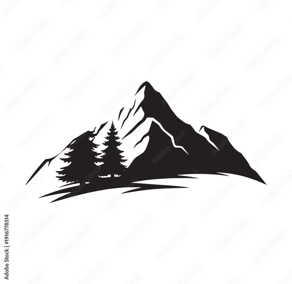 Fototapeta premium Mountain range with pine trees in silhouette against white background