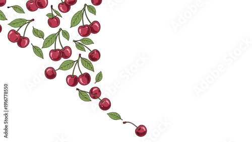 Arrangement of ripe red cherries with green leaves and stems falling down the left side of a clean white background for food design.