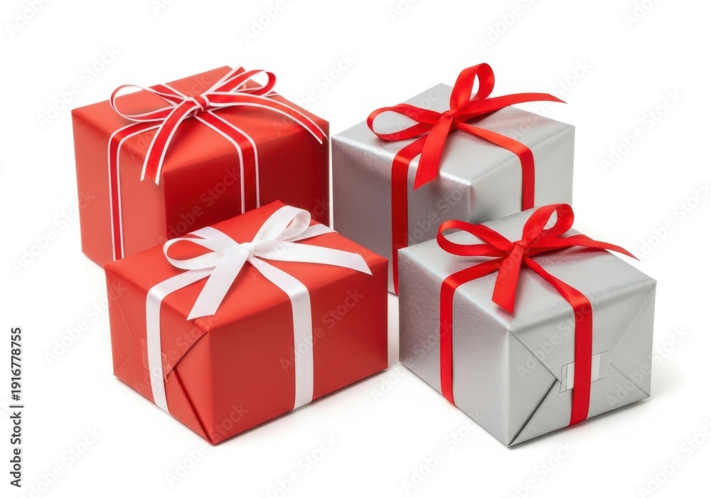 Fototapeta premium Three beautifully wrapped gift boxes with red ribbons ready for holiday celebration.