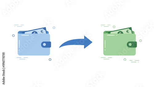 Money transfer process illustrated with blue wallet transforming into green wallet indicating financial transaction completion successfully online