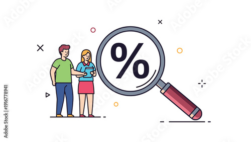 Two people standing next to a giant magnifying glass inspecting a large percent symbol for discount hunting and market research.