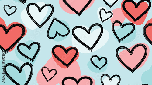 Playful seamless pattern of heart outlines in various sizes and colors like pink, blue, and black over a light blue background.