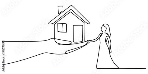 Illustration of one line drawing of hand holding house and woman receiving property