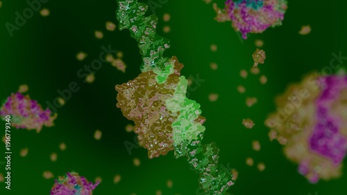 Epstein-Barr Virus replication: EBNA1 protein binding to crimson DNA helix causing structural stabilization with Nucleosome, PCNA, Ubiquitins, RNA Polymerase II - Medical 3D render illustration.