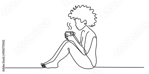 Illustration of minimalist continuous line art of woman with coffee or tea