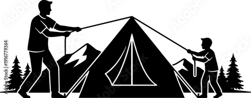 Father's day Father and Son Setting Up Camp Tent Silhouette Vector Illustration: Outdoor Adventure, Mountain Camping, and Family Bonding Icon for Travel, Nature, and Exploration Logos.