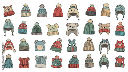 Large collection of diverse winter beanies and knit hats with pom-poms and animal ear designs in a hand-drawn cartoon style.