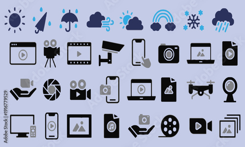 Weather and Technology Icons: Sun, Rain, Snow, Camera, Drone, Laptop, Mobile Devices, Video