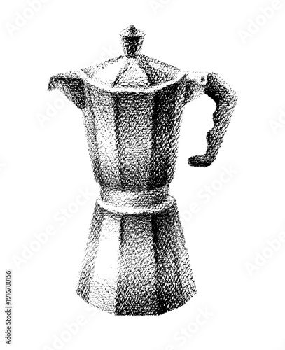 Vintage Italian coffeemaker. Coffee pot, Italian moka halftone icon. Coffee maker for espresso, moka, mocha. Kitchen coffeepot, grain 3d gradient illustration. Halftone cafetiere coffeemaker sketch pn