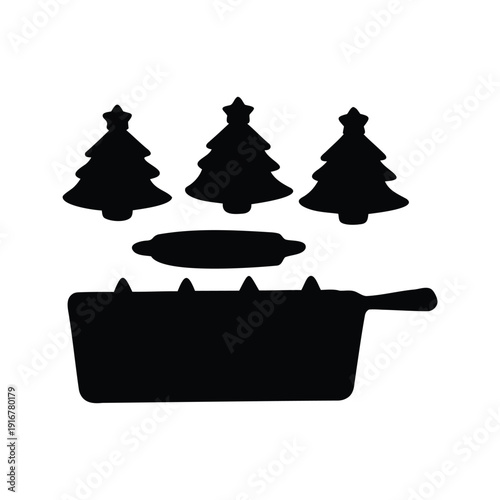 christmas cookies baking silhouette vector illustration, Delicious pancakes cooking in a pan with syrup, festive trees silhouette vector illustration