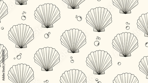 Elegant seamless pattern with sketched seashells and air bubbles in black ink on a soft pale cream background for beach themes.
