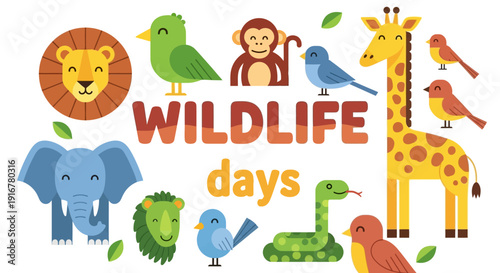 Colorful wildlife illustration featuring various animals and text on a white background