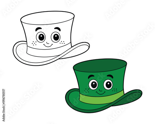 Green st patricks day top hat with cute face character and monocular including black line art version for kids creative coloring book project