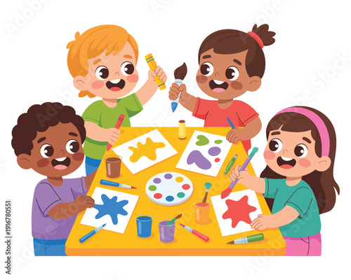 Four happy diverse children painting and drawing together at a yellow table in art class for creative fun activity