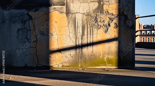 Concrete pillar with cracks and water stains, illuminated by soft sunlight casting a shadow on the ground