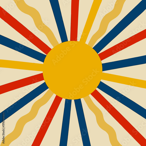 Abstract sun illustration with vibrant rays in yellow, blue, and red colors