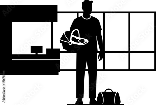 Father's day Fatherhood Travel Logistics Vector Icon: Silhouette of Dad Carrying Baby Car Seat and Bag at Airport or Service Counter Check-in Point Illustration, Minimalist Black and White Graphic