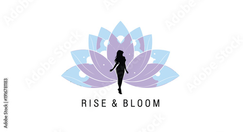 Lotus flower logo with woman silhouette, rise and bloom vector emblem