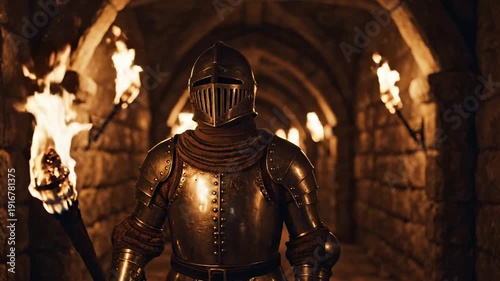 A knight stands in a dark stone tunnel. He wears full shining armor and holds a flaming torch. Ominous atmosphere fills the ancient dungeon.