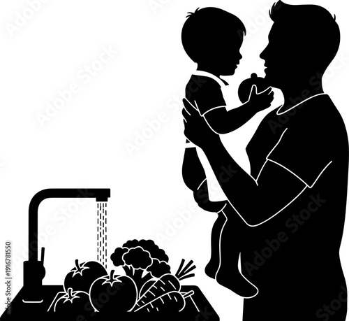 Father's day Father and Child Washing Fresh Vegetables Together Icon. Silhouette Glyph Vector of Dad Holding Baby in Kitchen, Preparing Healthy Food, Cooking Preparation, Family Bonding Activity.
