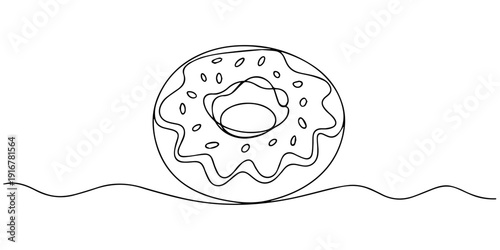 Minimalist line drawing of glazed donut with icing and unique swirls. None editable stroke, Single one line drawing fresh donuts. World food day concept. Continuous line draw design graphic vector