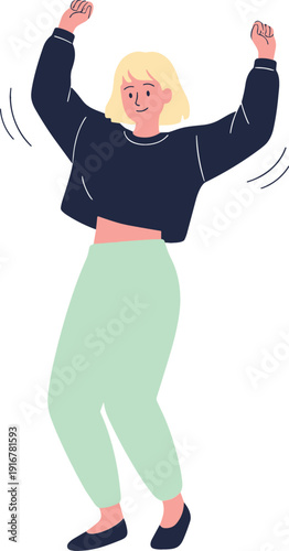 Flat vector illustration of a young woman dancing with her arms raised in joy and celebration