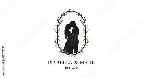 Elegant Silhouette of a Couple Embracing within a Floral Wreath.
