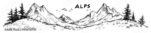 Alps mountain landscape with trees hand-drawn black and white vector