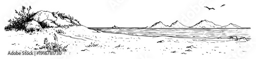 Coastal landscape with sandy beach and distant mountains hand-drawn vector