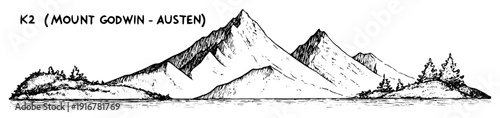 K2 mountain peak landscape hand-drawn black and white vector